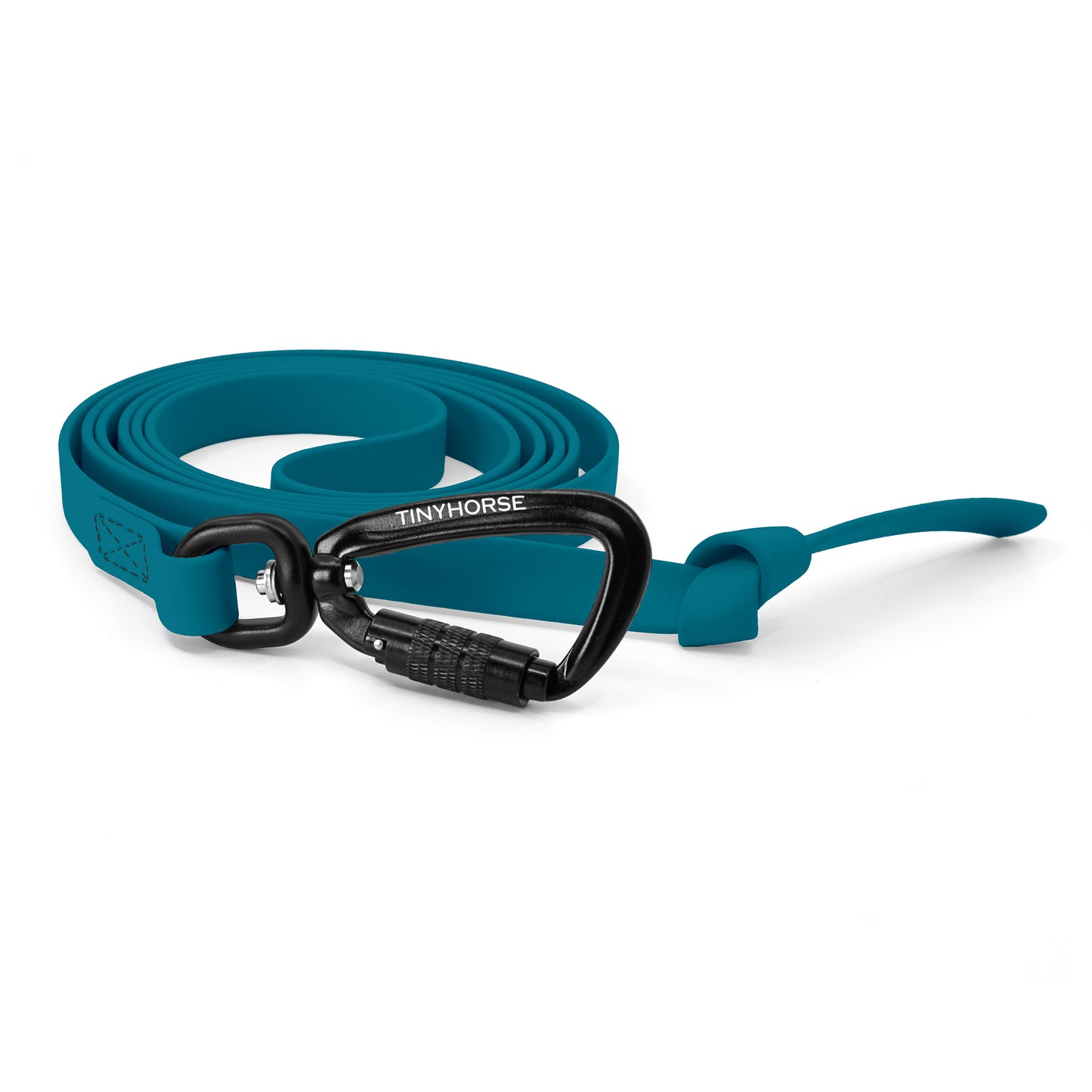 A aquamarine step line in bio thane with auto-locking carabiner on a white background.