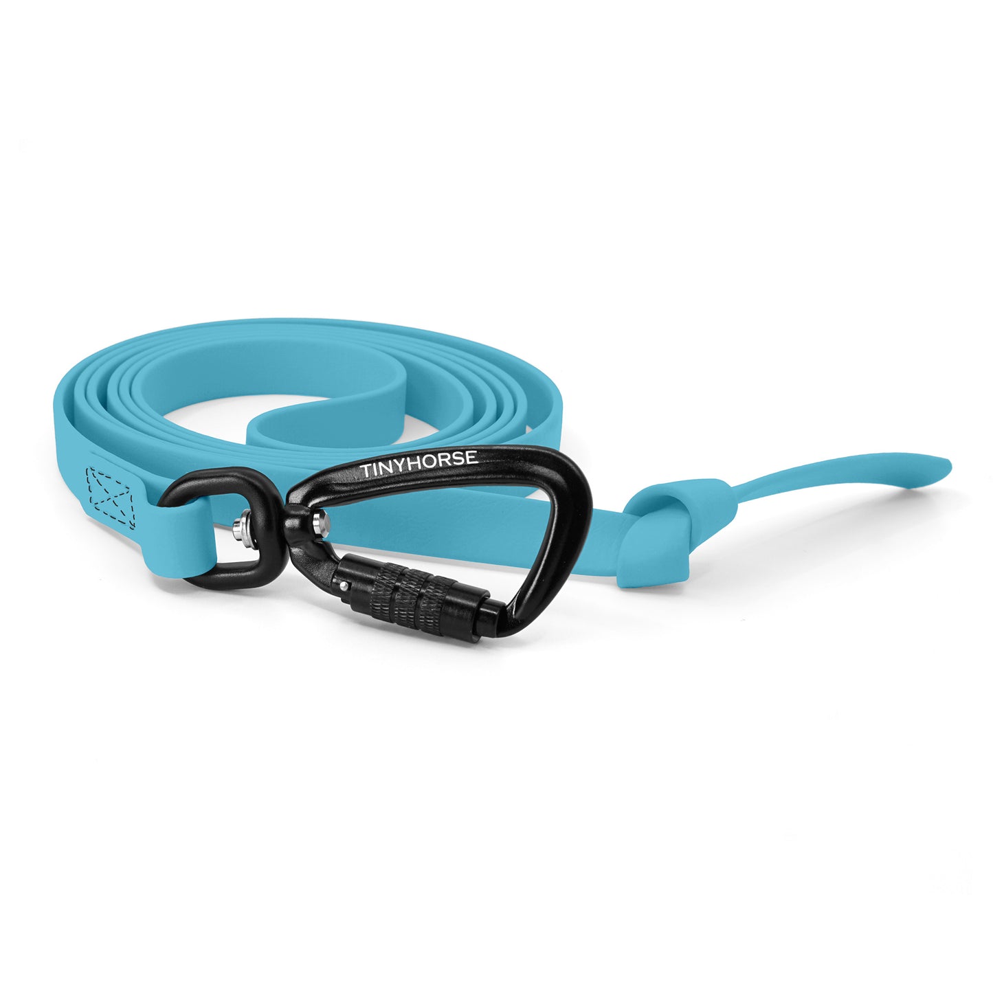A baby blue step line in bio thane with auto-locking carabiner on a white background.