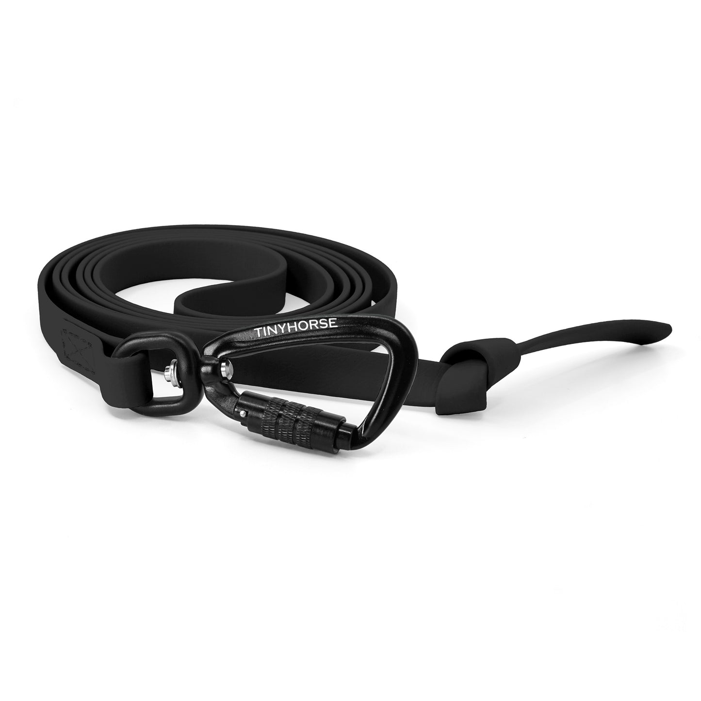 A black step line in bio thane with auto-locking carabiner on a white background.