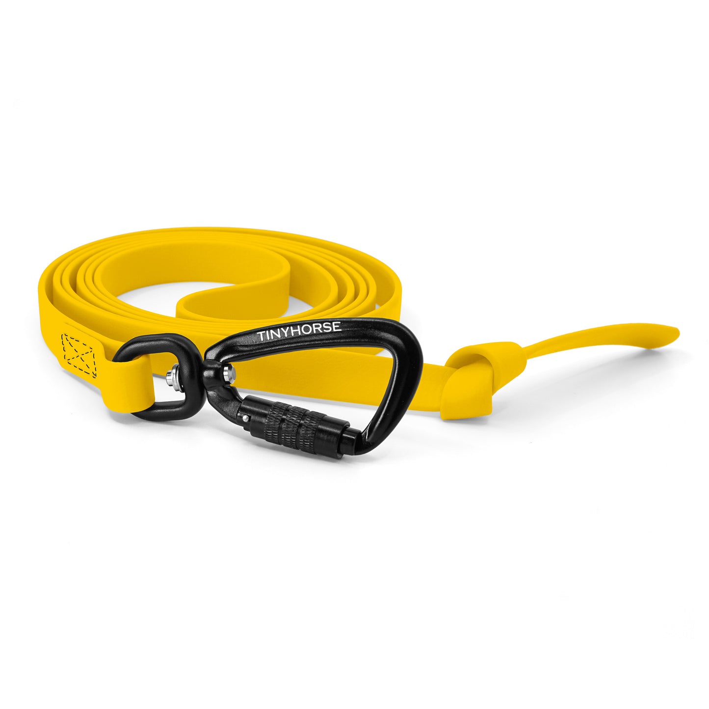 A canary yellow step line in bio thane with auto-locking carabiner on a white background.