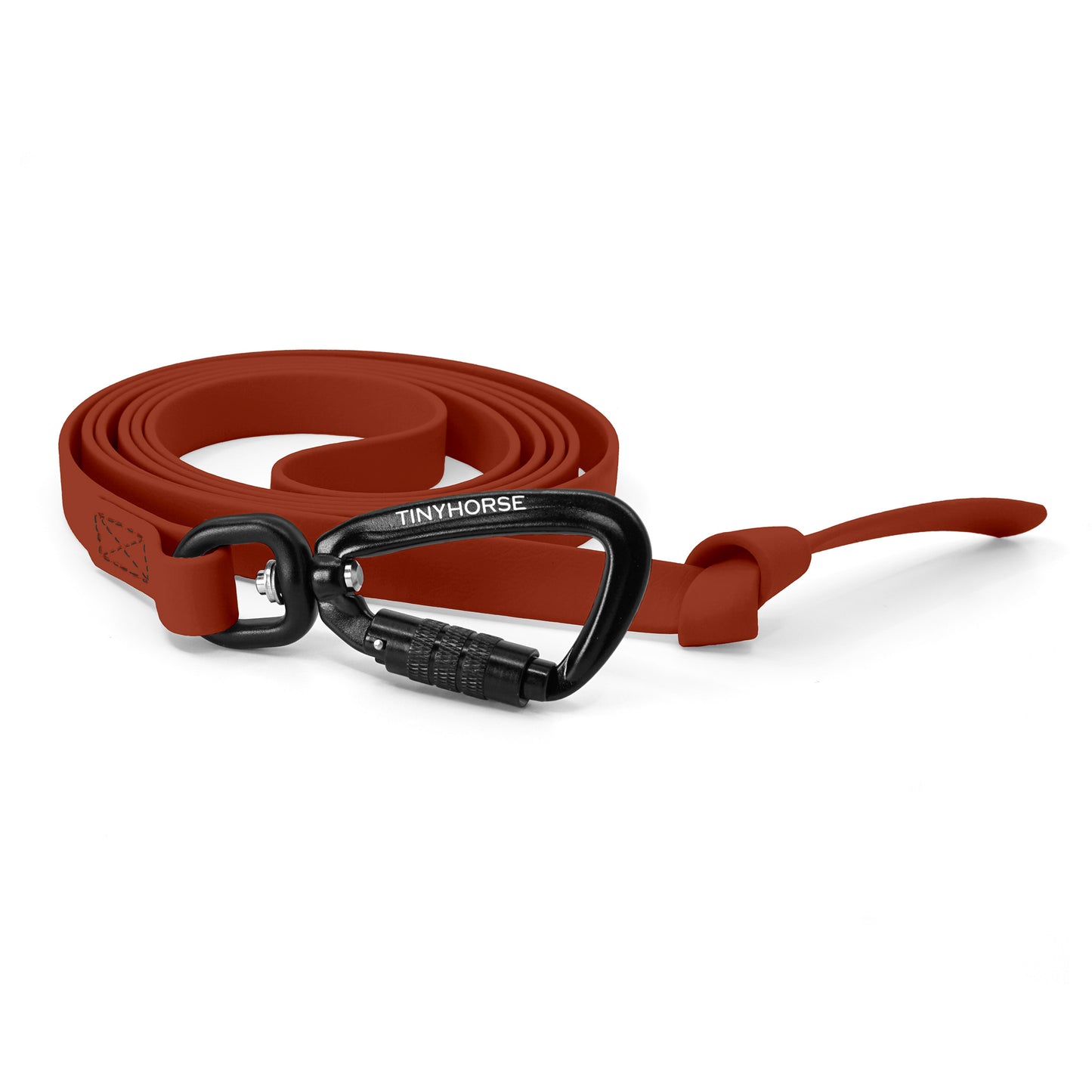 A chilli red step line in bio thane with auto-locking carabiner on a white background.