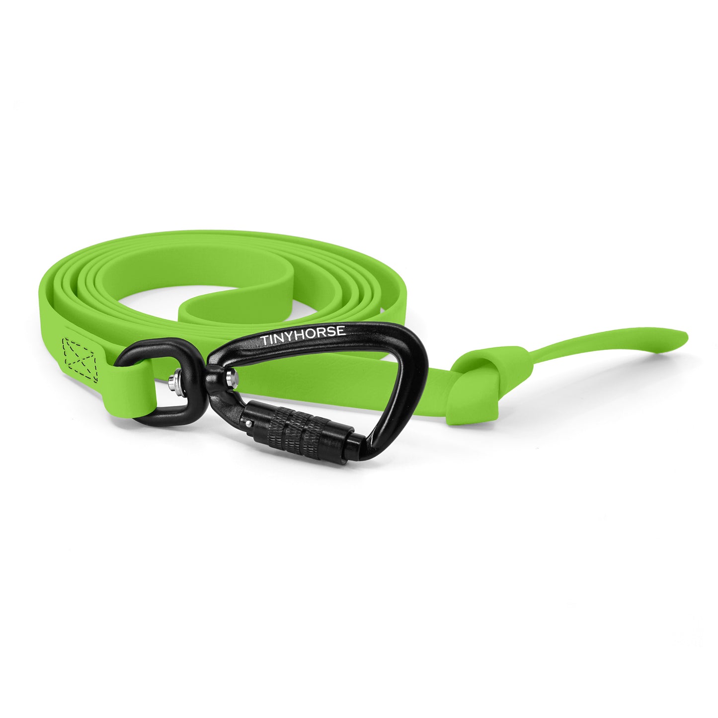 A lime step line in bio thane with auto-locking carabiner on a white background.