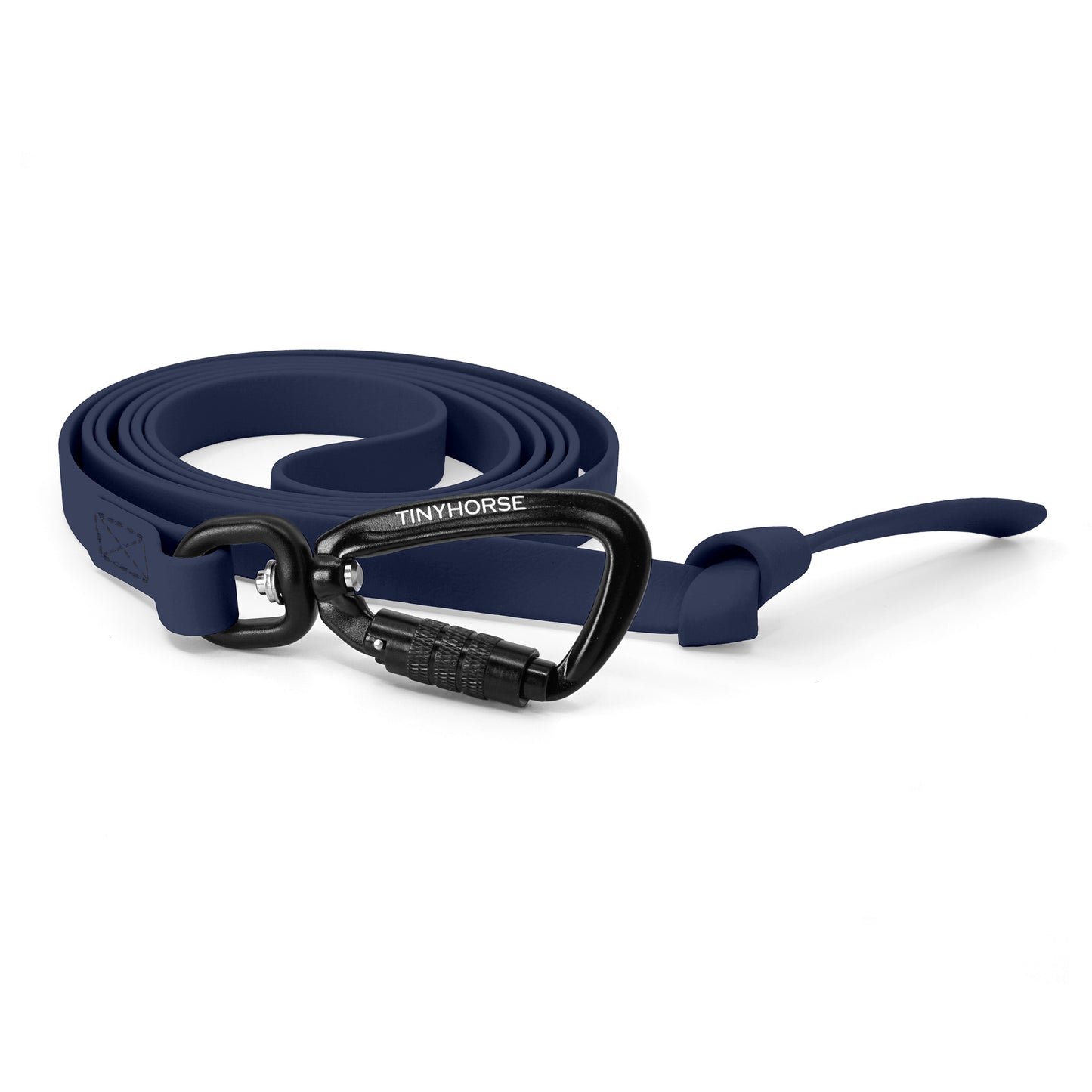 A navy blue step line in bio thane with auto-locking carabiner on a white background.