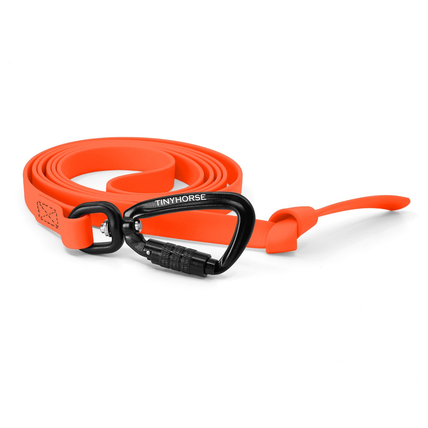 A neon orange step line in bio thane with auto-locking carabiner on a white background.