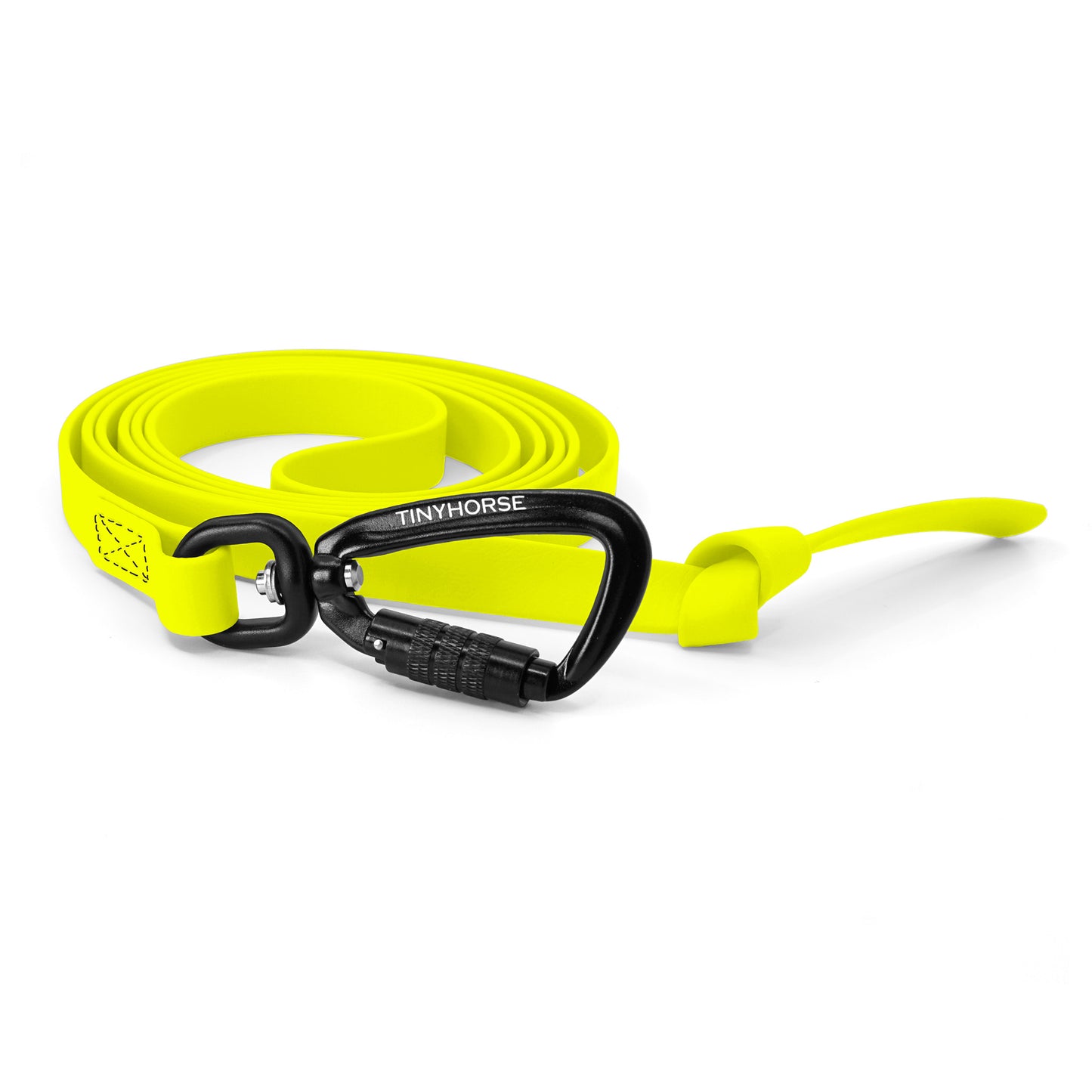 A neon yellow step line in bio thane with auto-locking carabiner on a white background.