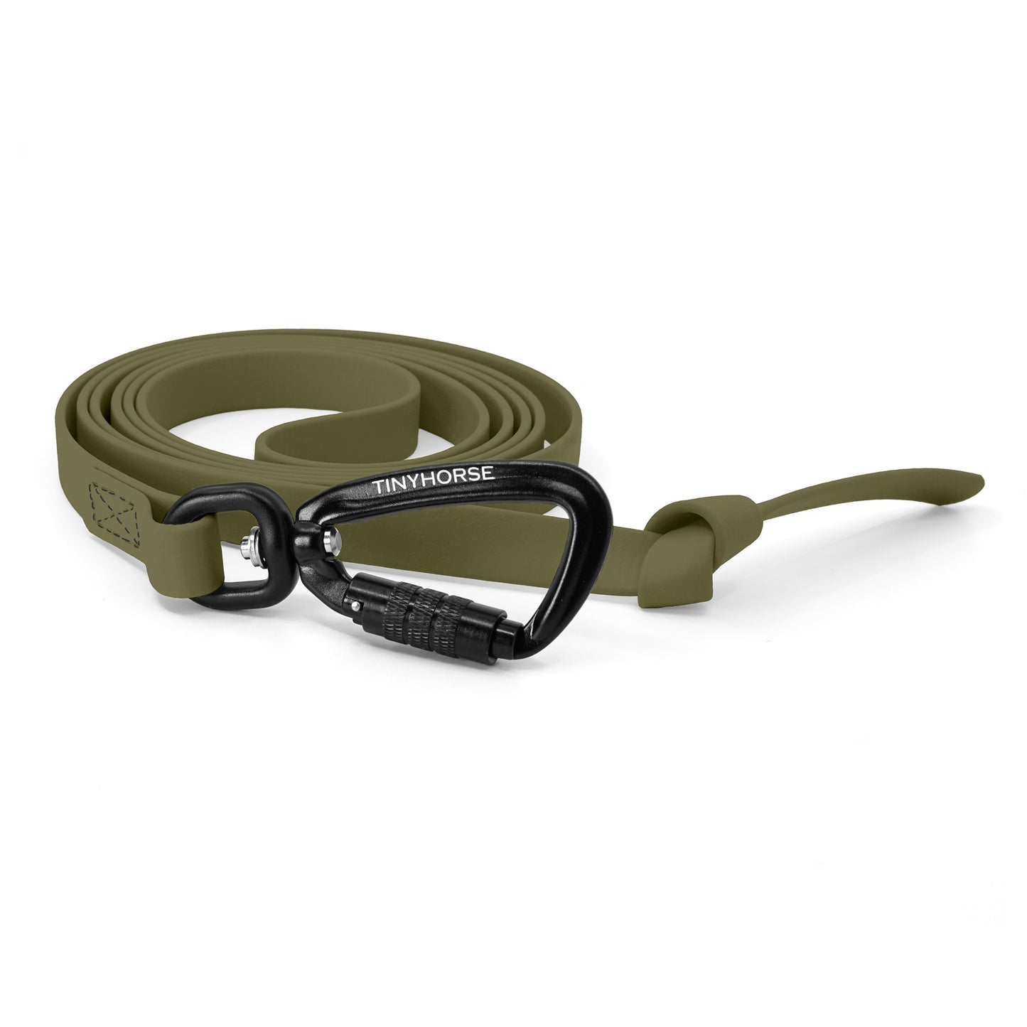A olive step line in bio thane with auto-locking carabiner on a white background.