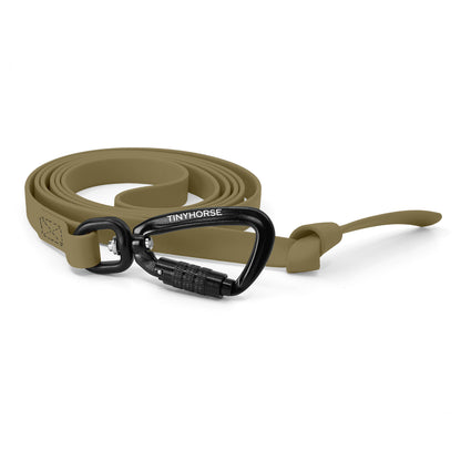 A sahara tan step line in bio thane with auto-locking carabiner on a white background.