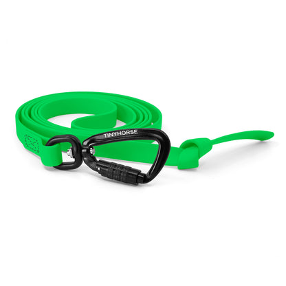 A neon green step line in bio thane with auto-locking carabiner on a white background.
