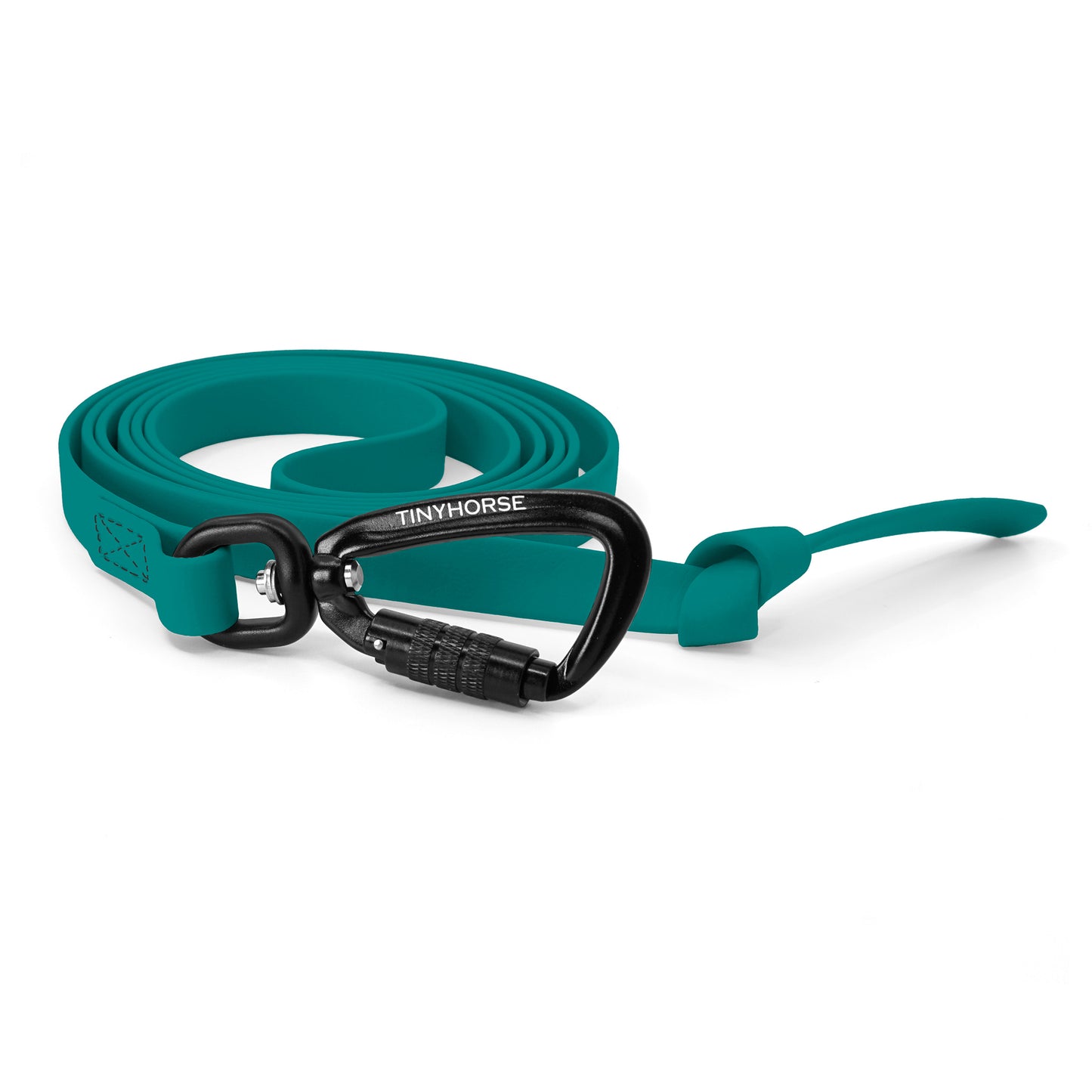 A teal step line in bio thane with auto-locking carabiner on a white background.