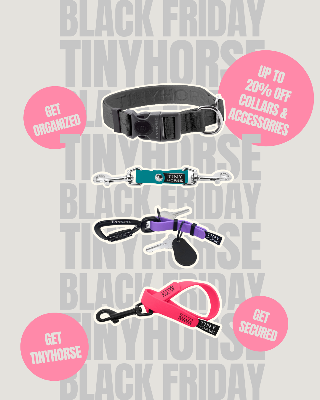 Promotional image of TinyHorse dog collars and accessories with Black Friday text on a gray background.