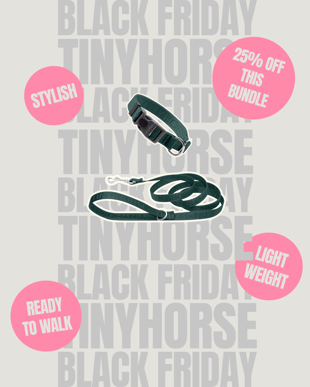 Dog leash and collar set with promotional text on a light gray background