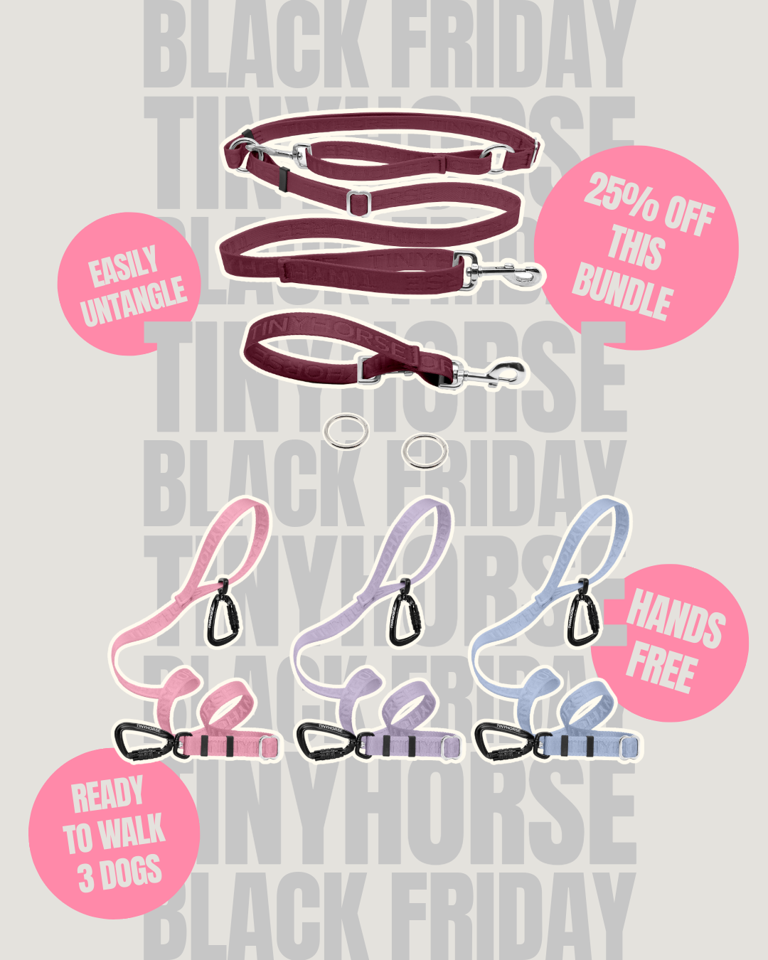 Multi Dog leashes system for walking three dogs with promotional text on a light gray background