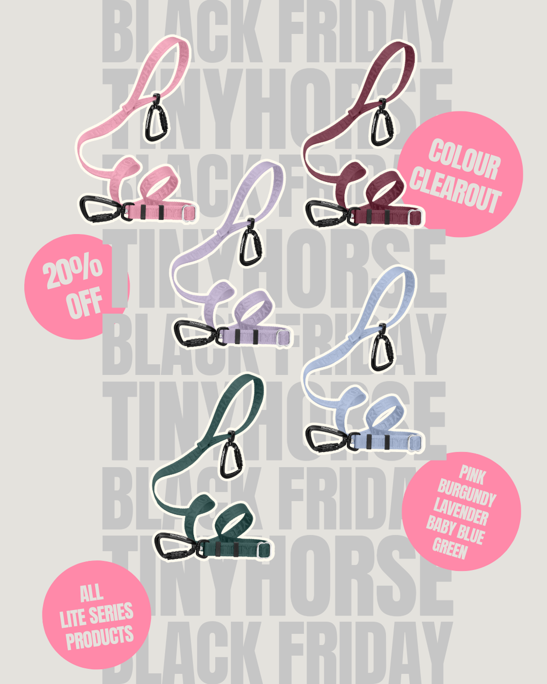 Promotional graphic for a brand with colorful multi dog walking leashes and 'Black Friday' text on a gray background.