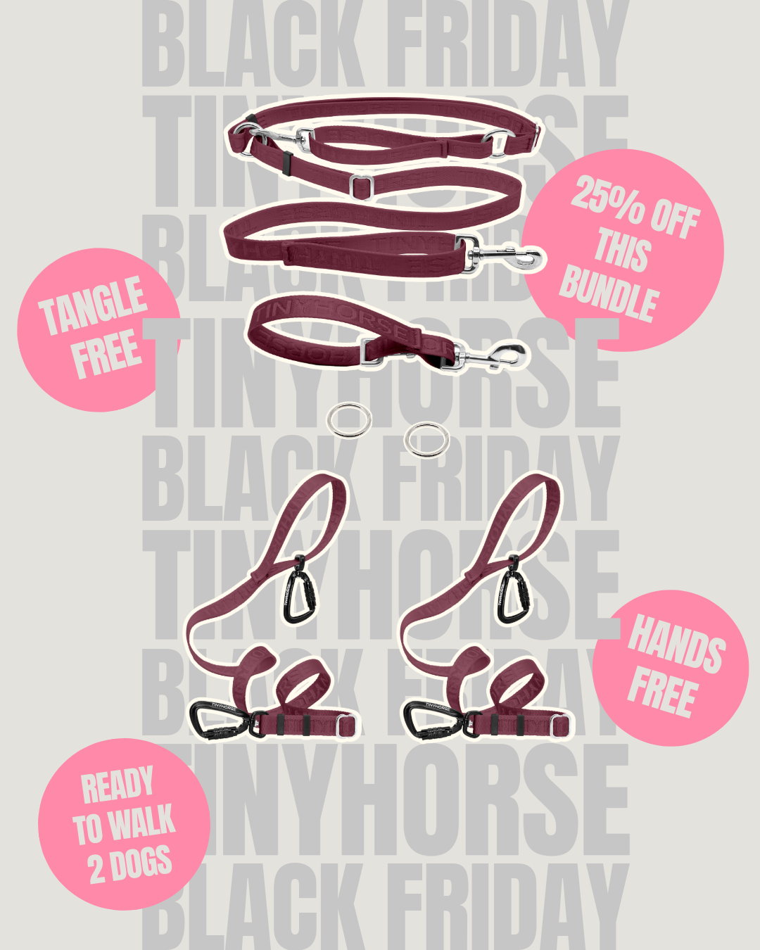 Multi dog leash system for walking two dogs with text about Black Friday deals on a light gray background