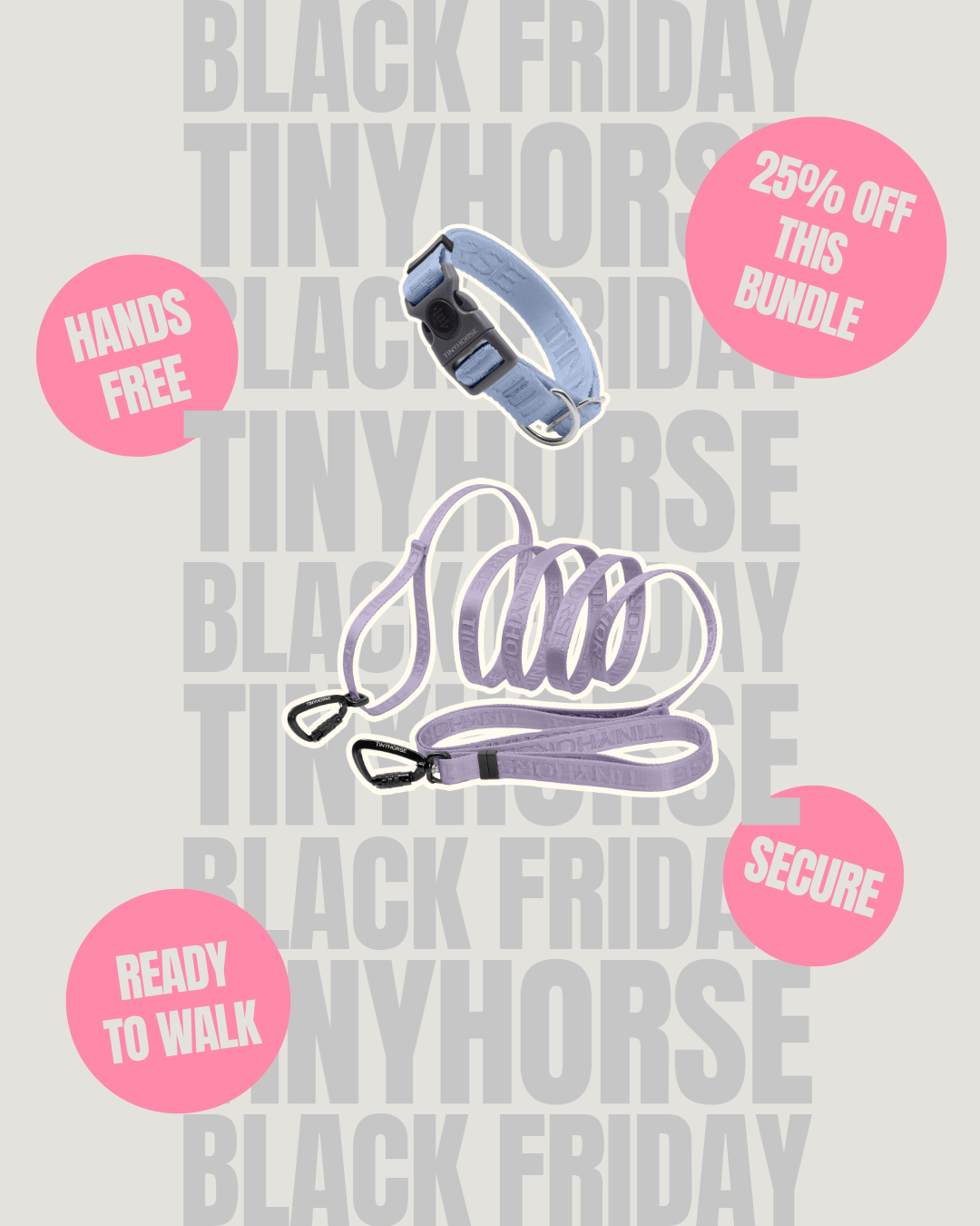 Dog collar and hands-free leash  products with promotional text on a light gray background