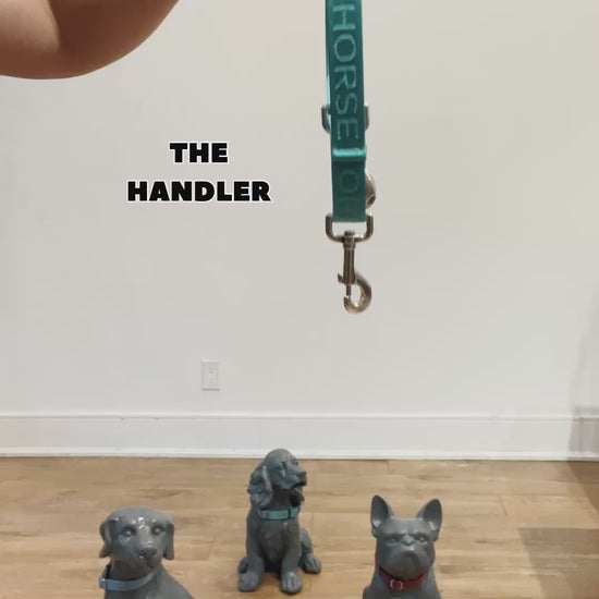 Demonstrations of how to walk three dogs using the TinyHorse multi leash system. Starting with the Handler, a connecting ring and then three Lead-All leashes. They are connected together and attached to dog statuettes. How the leashes can be easily untangled is also demonstrated.