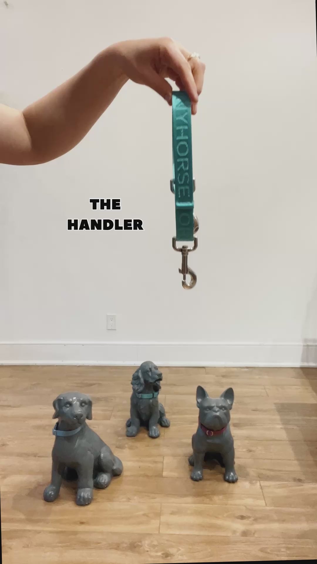 Demonstrations of how to walk three dogs using the TinyHorse multi leash system. Starting with the Handler, a connecting ring and then three Lead-All leashes. They are connected together and attached to dog statuettes. How the leashes can be easily untangled is also demonstrated.